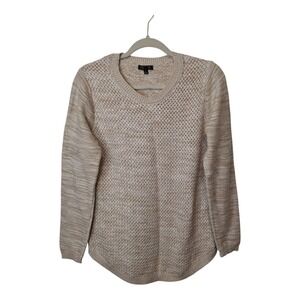 Lety & Me Josey Elbow Patch Sweater Women's L Knit Pullover‎ Soft Beige/White